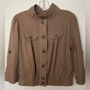 Mine Brand Womens Jacket Medium Brown 3/4 Sleeves Cotton Linen